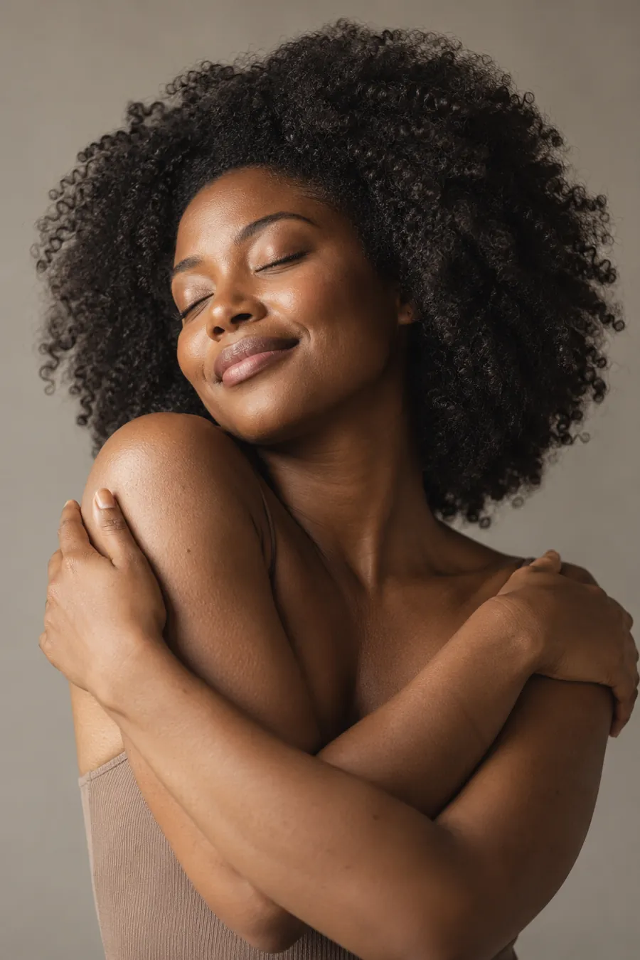 Mulher de pele negra abraçando os ombros